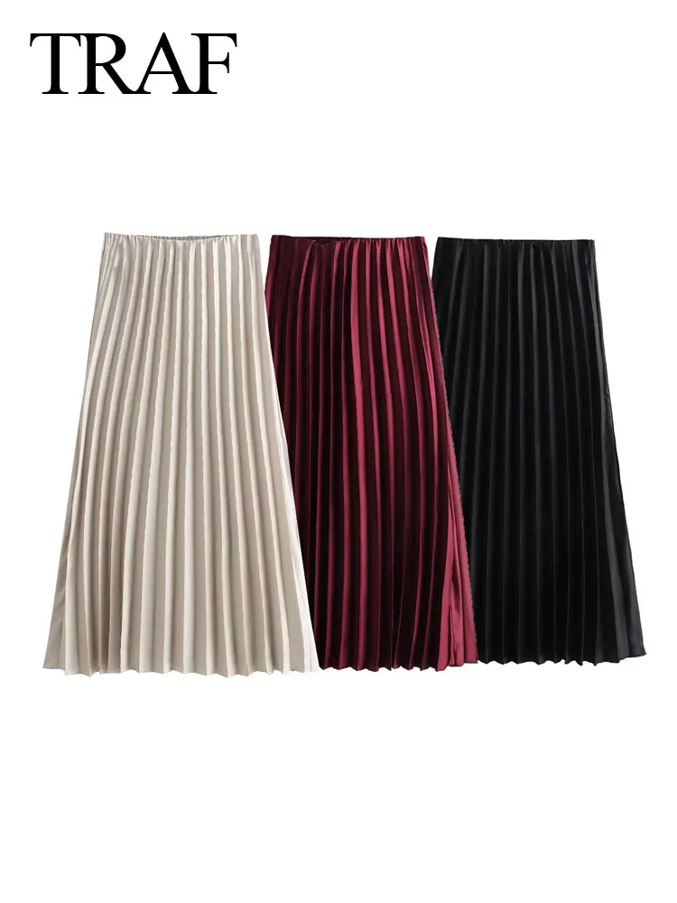 

TRAF Woman Elegant High Waist Midi Skirts Fashion 2024 Women Satin Skirt for Women Basic Pleated Long Skirt Women's Skirts