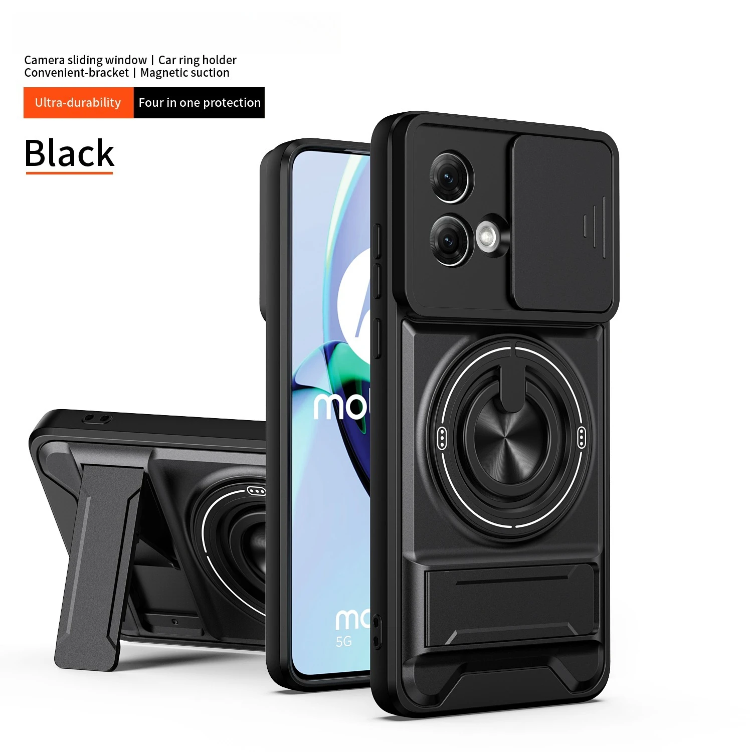 Rotating Magnetic Ring Holder Phone Case with Lens Slide and Kickstand Cover