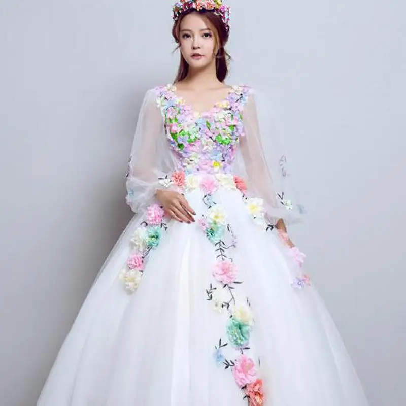 White Classic Quinceanera Dress Elegant Flower Fairy Puffy Ball Gown Long Sleeves Theme Stage Solo Vestidos De Fiesta Customized