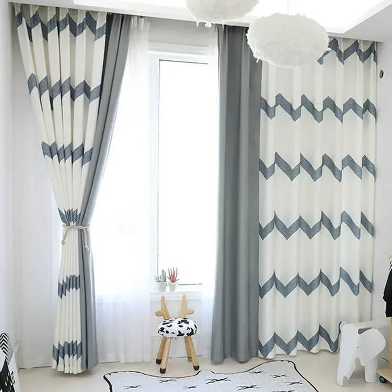 Modern Simple White Blackout Curtain Grey Stripe Full Shading Drapes For Bedroom Living Dining Room 210712