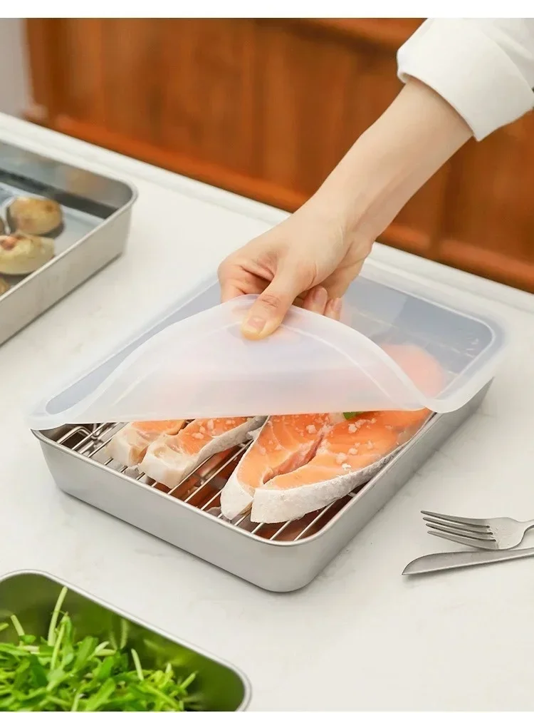Description Picture 6 of itemStainless Steel Square Plate With Lid Rectangular Food Storage Pan Commercial Dish Tray Large Freshing Lunch Box Container