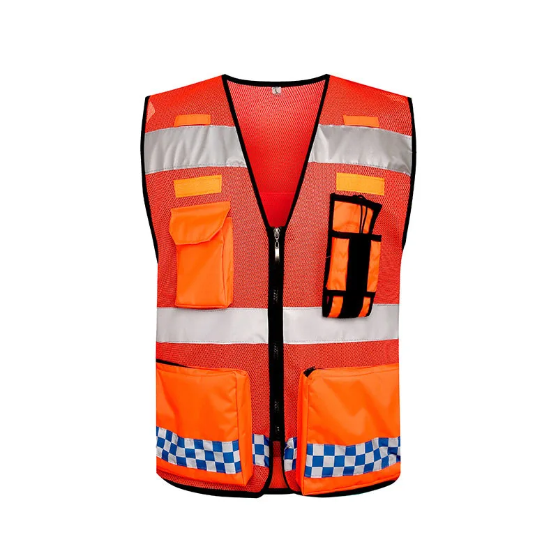 Reflective Safety Vest High Visibility Zippered Work Clothes Fishing Net Multi-Pocket Traffic Construction Night Safety Clothing