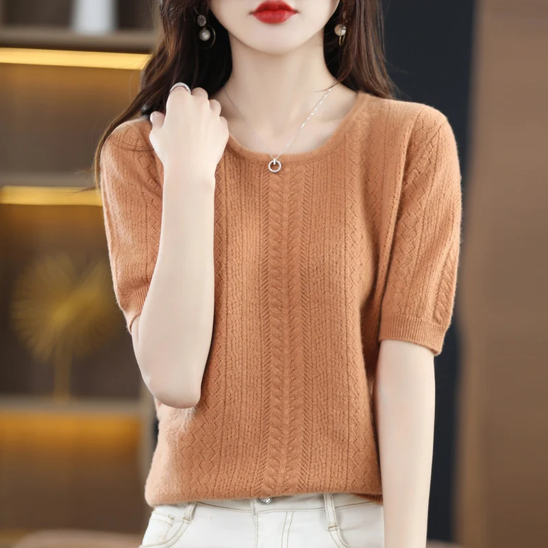 

Трикотажный кашемировый свитер с круглым вырезом, Женский пуловер из 100% мериносовой шерсти, женская одежда с коротким рукавом, новинка 2023, Женский Топ