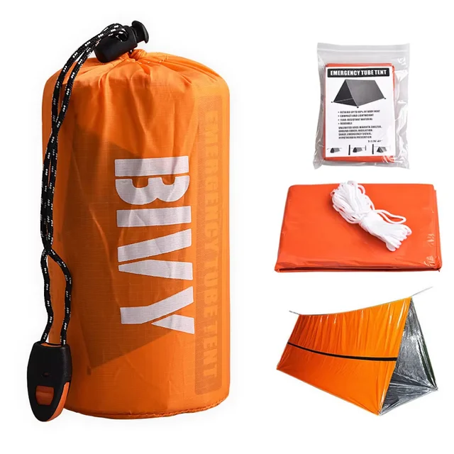2 Person Emergency Shelter Bivy Survival Tent Kit Mylar Tube Tent Sleeping Bag Waterproof Outdoor SOS Thermal Blanket Reusable 2