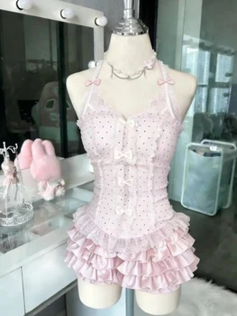 French Style Sweet Cute Polka Dot Splicing Dress Lace Bow Korean Fashion Dresses New Design Slim Waist Lady Y2k Mini Dress 1