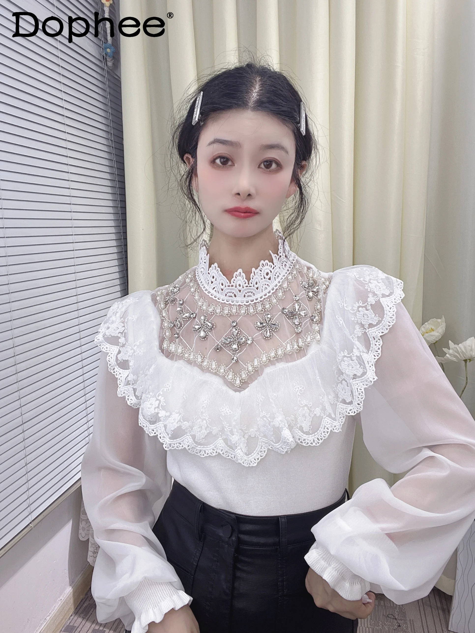 

Sweet Mesh Embroidered Heavy Industry Beads Ruffled Chiffon Chic Knitted Stitching Shirt 2024 Spring Womens Tops and Blouses