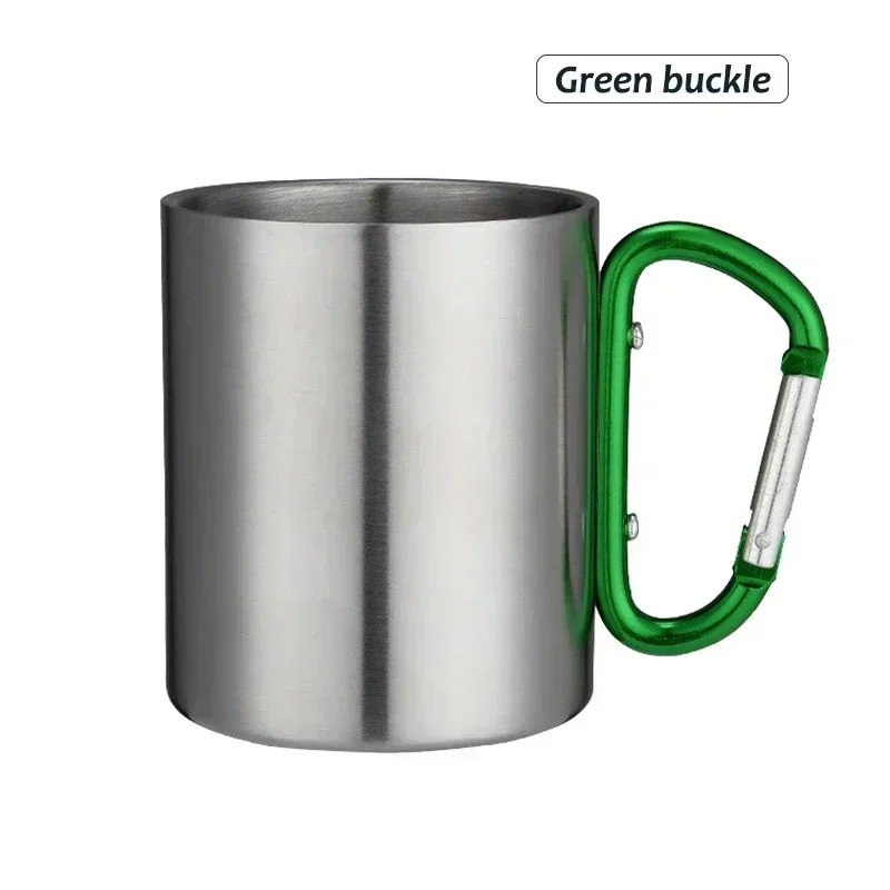 Dubbelwandige karabijnhaak campingmok 300 ml roestvrijstalen campingbeker outdoor mok metalen beker met geschroefde karabijnhaak handvat voor reizen wandelen trekking (zilver