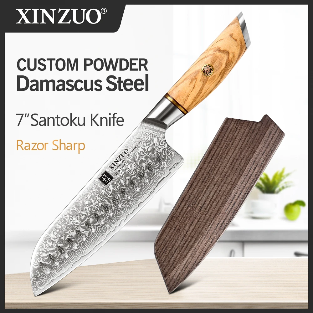 XINZUO 7'' in Santoku Knife Powder Steel Core 73 Layers Damascus Stainless Steel Olive Wood