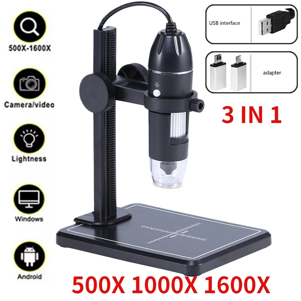  Microscopio USB 1600X, cámara de vídeo portátil 2MP