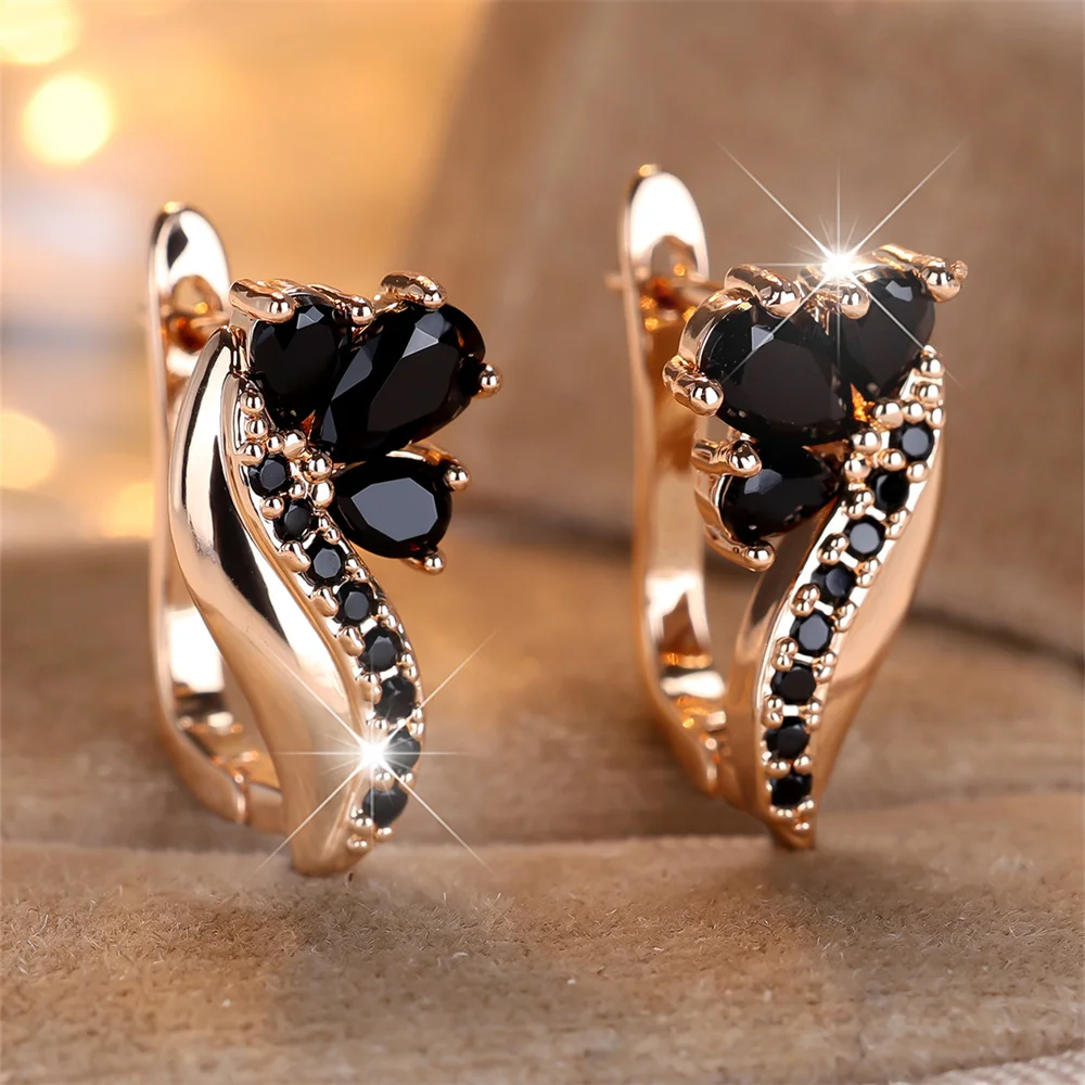 Antique Black Crystal Water Drop Stone Hoop Earrings For Women Vintage Gold Color Small Flower Ear Buckle Wedding Jewelry Gifts