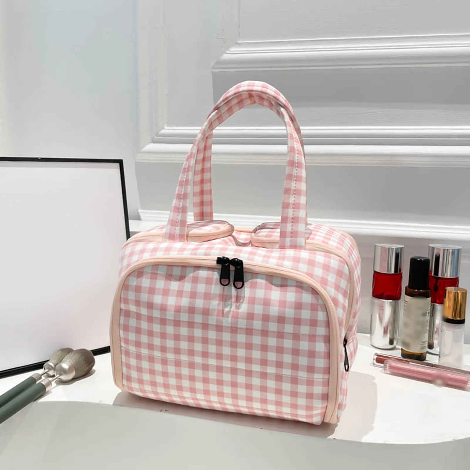 Double Wide Four Opening Large Capacity Portable Travel Storage Bag with Zippers & Compartment Cosmetic Wash Bag for Women Girls