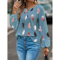 Mode femme Blouse chemises pour femmes haut élégant à manches longues motif de plumes femmes hauts élégant en mousseline de soie Mujer femme vêtements 3