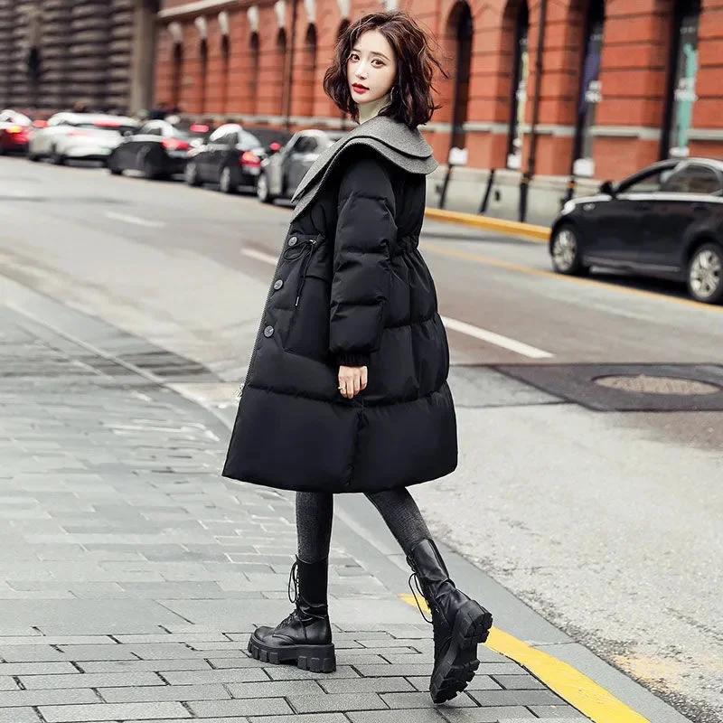 2023 New Popular Doll Large Polo Neck Temperament Waist Wrapped Down Coat Women Mid length Over Knee White Duck Down Coat Trend
