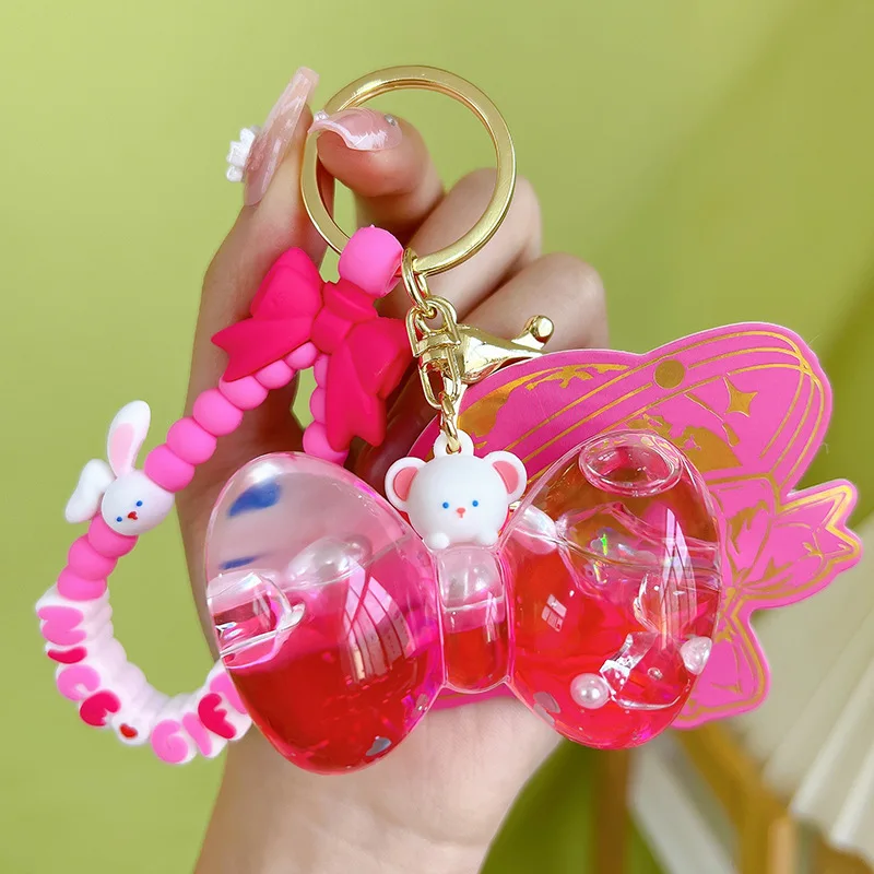 Cartoon Bowknot Wind Chimes Keychain Liquid Quicksand Sequin Heart Rabbit Bear Key Ring Women Girl Bag Pendant Key Chains Gifts