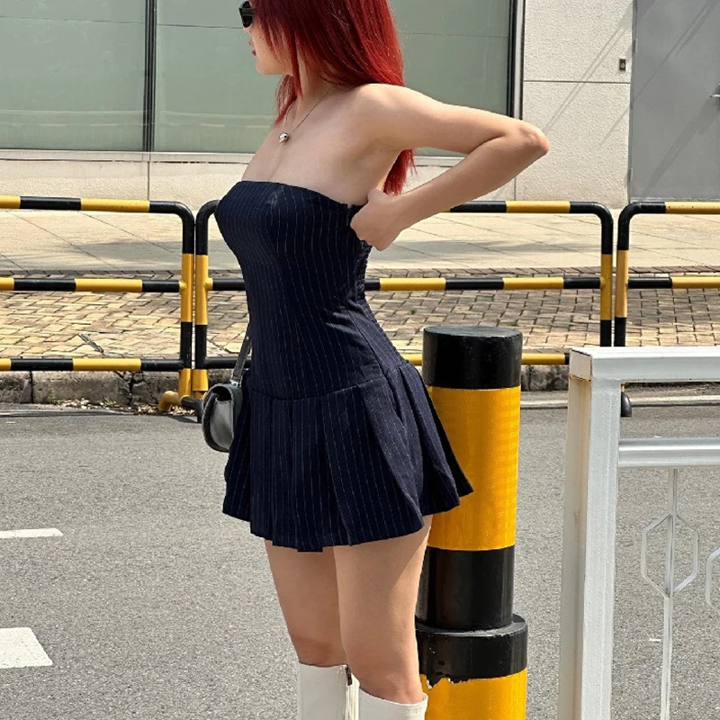 Strapless Mini Dress y2k Aesthetic Clothes Women Striped Pleated A Line Dress 2000s Cocktail Party Dresses Streetwear