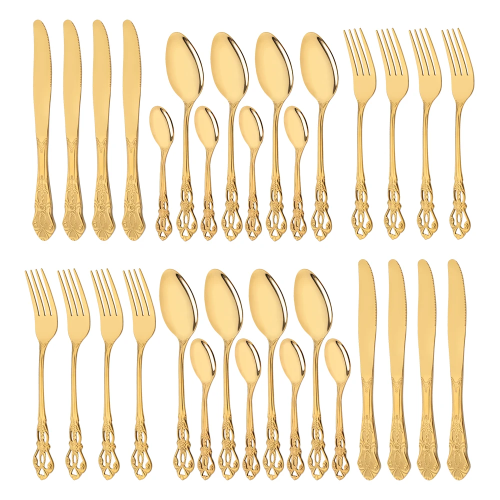 

32Pcs Gold Royal Dinnerware Set Knife Fork Coffee Spoon Flatware Stainless Steel Cutlery Kitchen Silverware Tableware Set