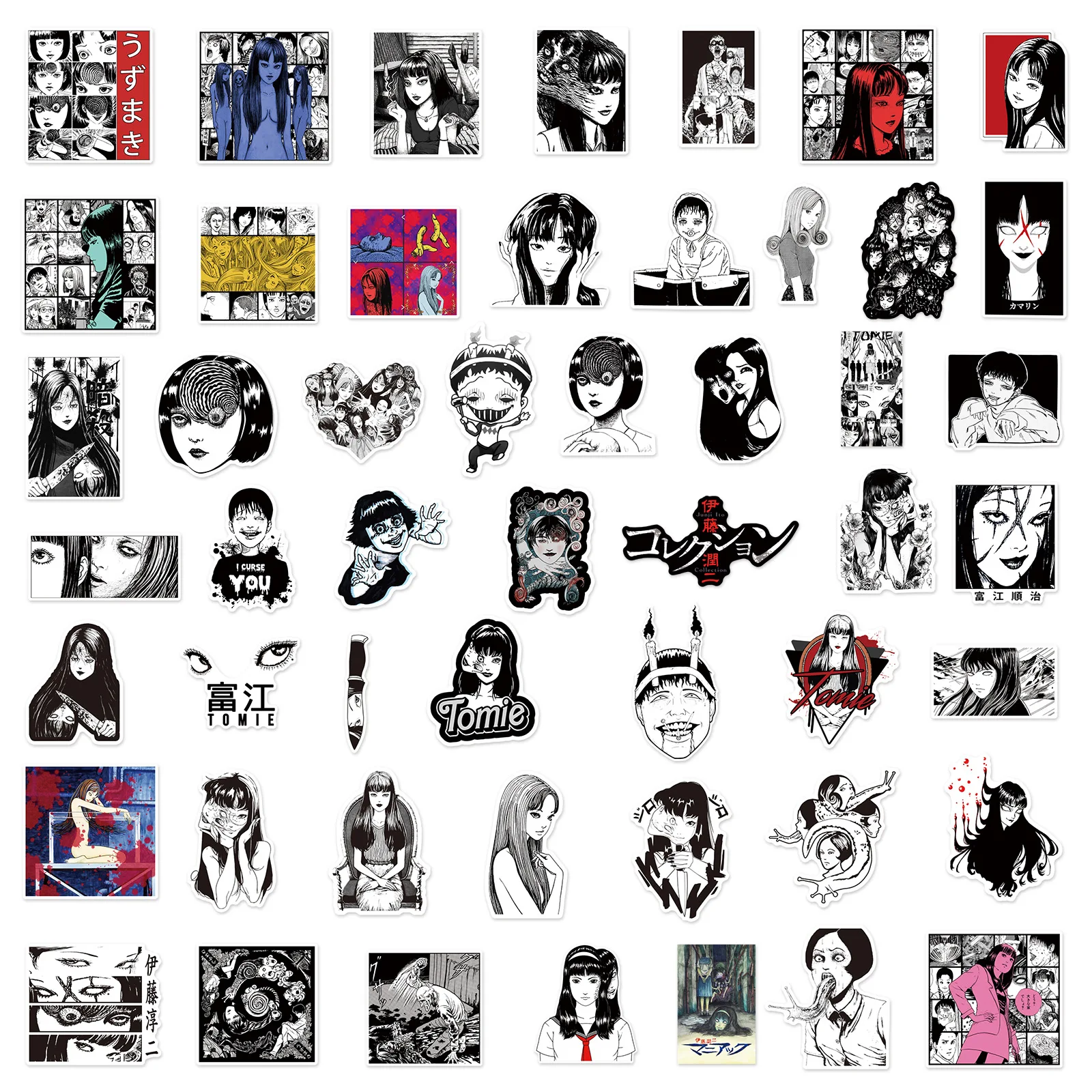 50Pcs Tomie Junji Ito 스티커 공포 애니메이션 스티커 미학 스케이트 보드 가방 노트북 Tomie Kawakami 낙서 데칼