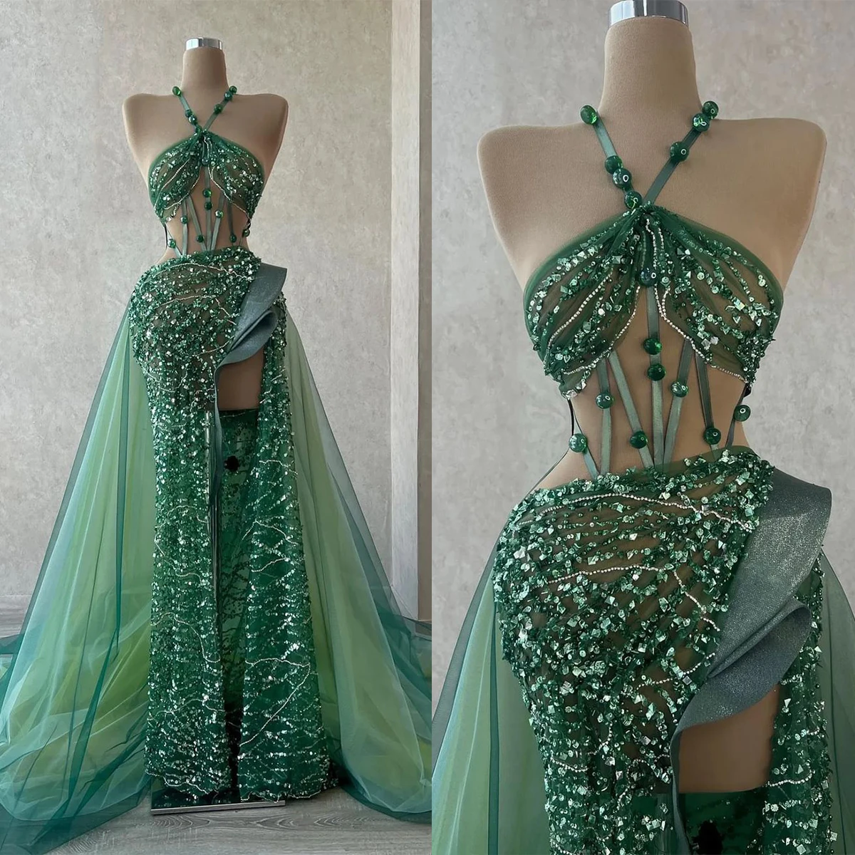 

Royal Halter Mermaid Prom Dress Sexy Sleeveless Sequined Lace Beading Formal Evening Gowns Robe De Soiree