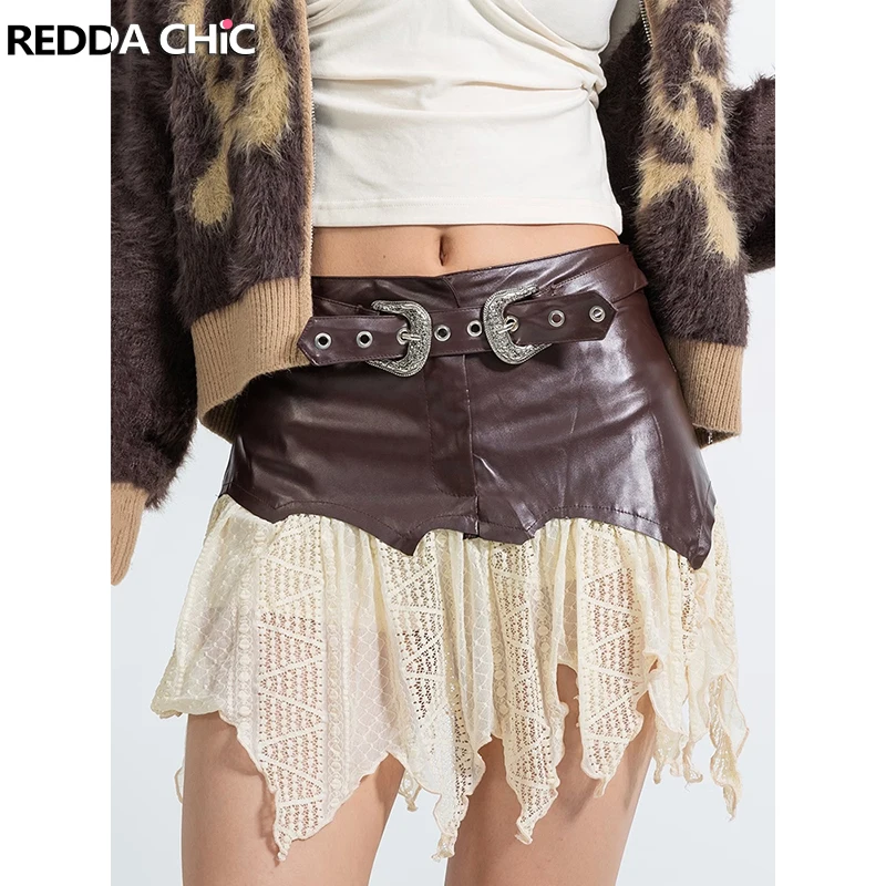 

REDDACHiC Irregular Ruffle Lace Splice Leather Skirt Women Brown Retro Low Waist A-line Belted Mini Skirt Steampunk Y2k Clothes