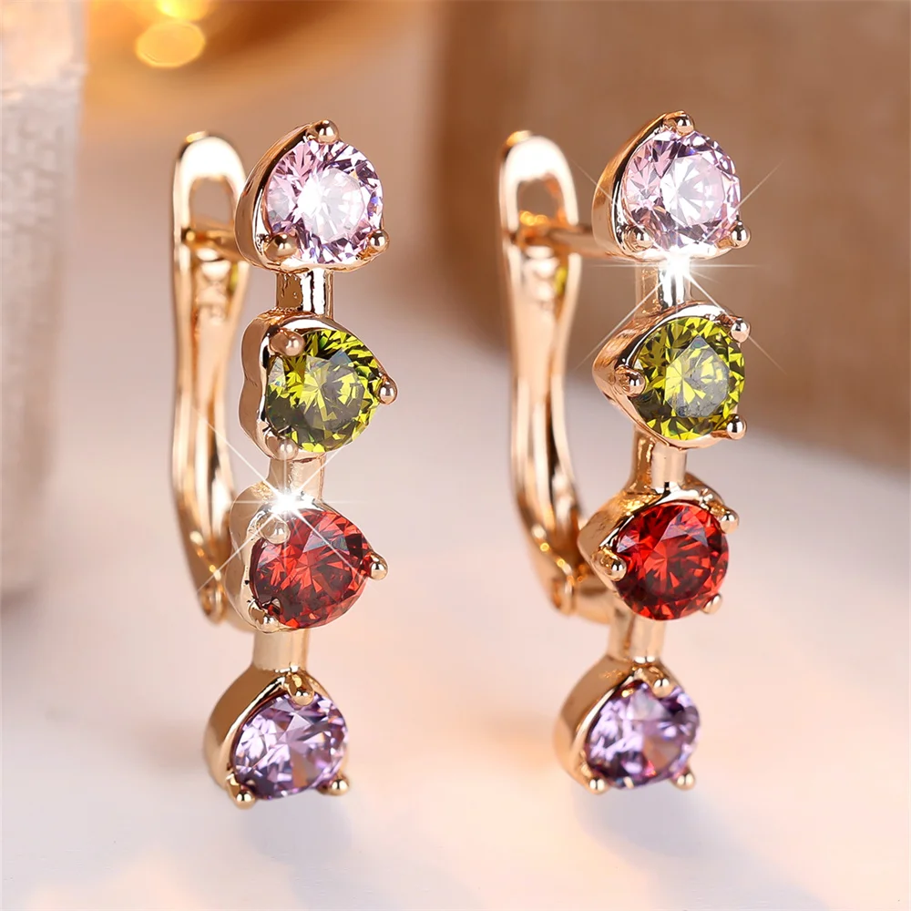 Antique Black Crystal Rainbow Round Stone Hoop Earrings For Women Vintage Gold Color Ear Buckle Wedding Jewelry Versatile Gifts