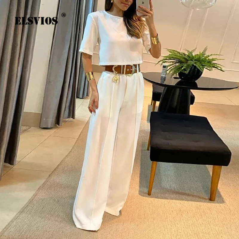 Summer New Sets For Women Fashion Solid Color Casual Wide-leg Pants Short Sleeves Blouses Suits Elegant Commuting Office Outfits