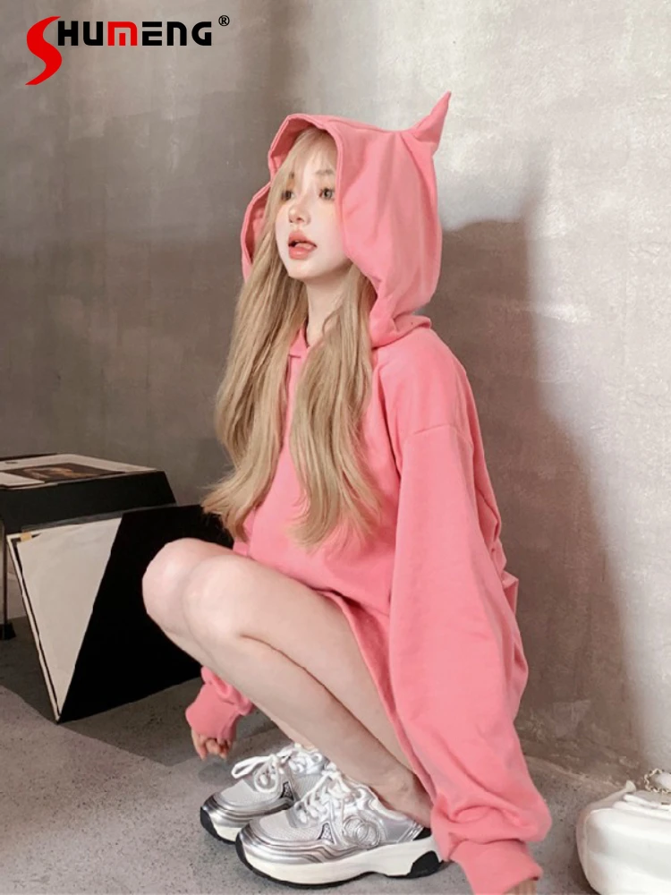 

American ChicWomen's Pink Hoodie 2023 Spring and Autumn New Loose Ear Hooded Design Long Lantern Sleeve Sweatshirt Tops Ladies