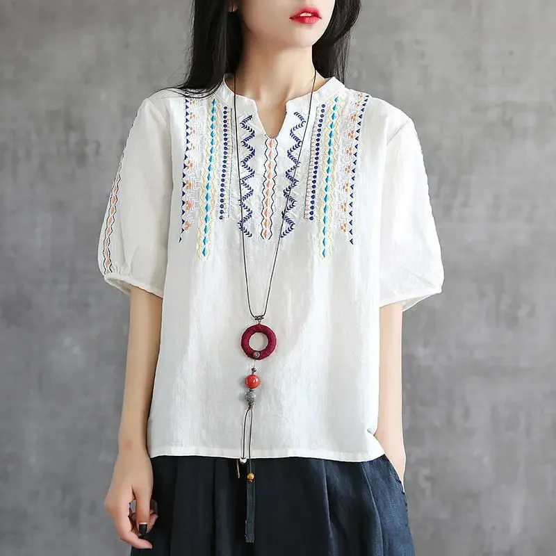 

Cotton Embroidered T-shirt Women V-neck Summer Versatile Short Sleeve Top Vintage Y2k T-shirt Fashion Lady Clothing 2023