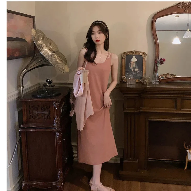 Double Shoulder Strap Design Suspender Skirt Outer Tower Sun Protection Shirt Two-piece Set Versatile and Elegant Long Skirt