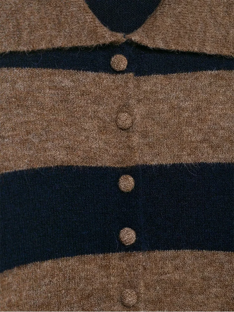  Women's POLO Collar Knit Coat Soft Warm Knitted Cardigan Casual Single Breasted New Striped Chic Simple Female Sweater Tops