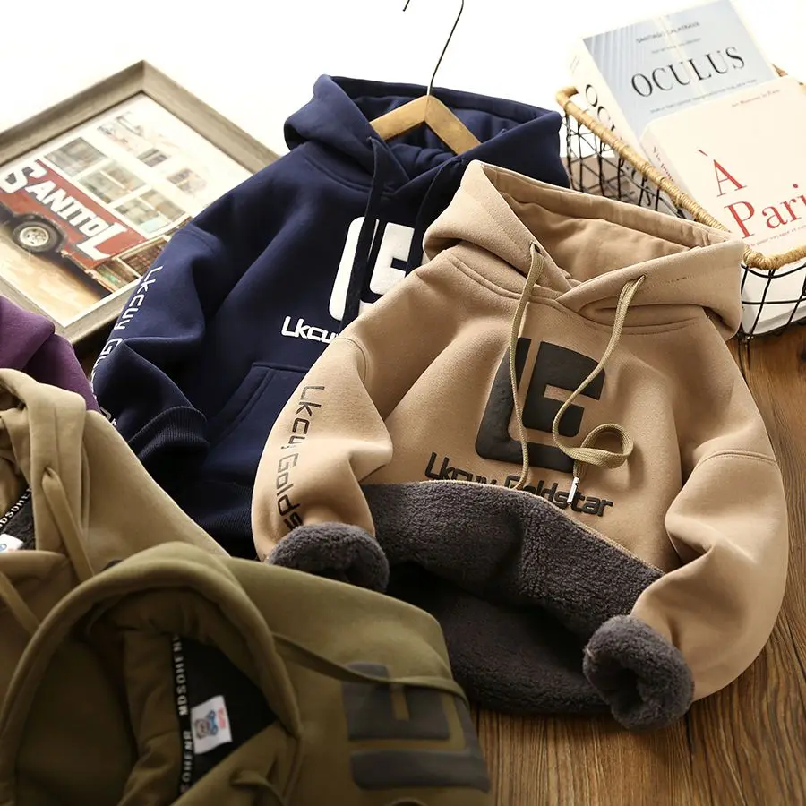 

Children's Clothing Boys' Velvet Padded Hooded Sweatshirt Autumn and Winter Padded Top Middle and Big Thermal Head Cover Tops