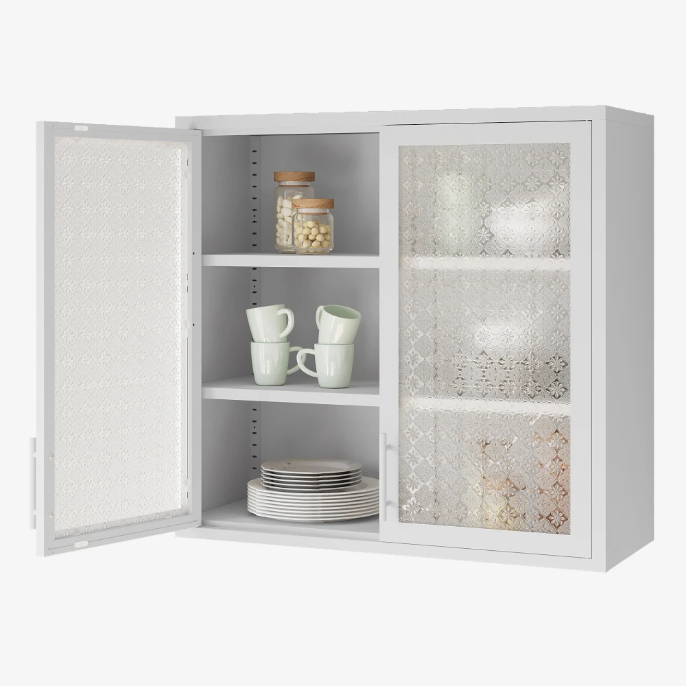 Retro Style Wall Mounted Cabinet Table-Top Storage Cabinet with Hazy Glass Doors and 2 Adjustable Shelves for Bathroom Kitchen L 5
