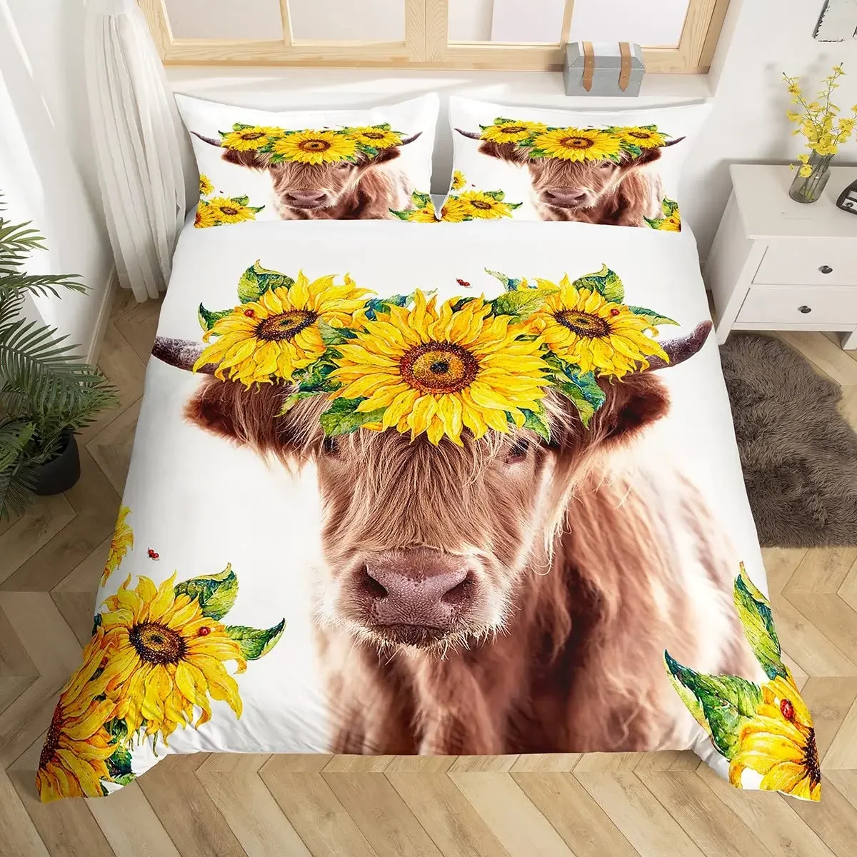 

Highland Cattle Duvet Cover Set Cute Floral Cow Twin Bedding Set Yellow Sunflower Comforter Cover Animal Polyester Quilt Cover