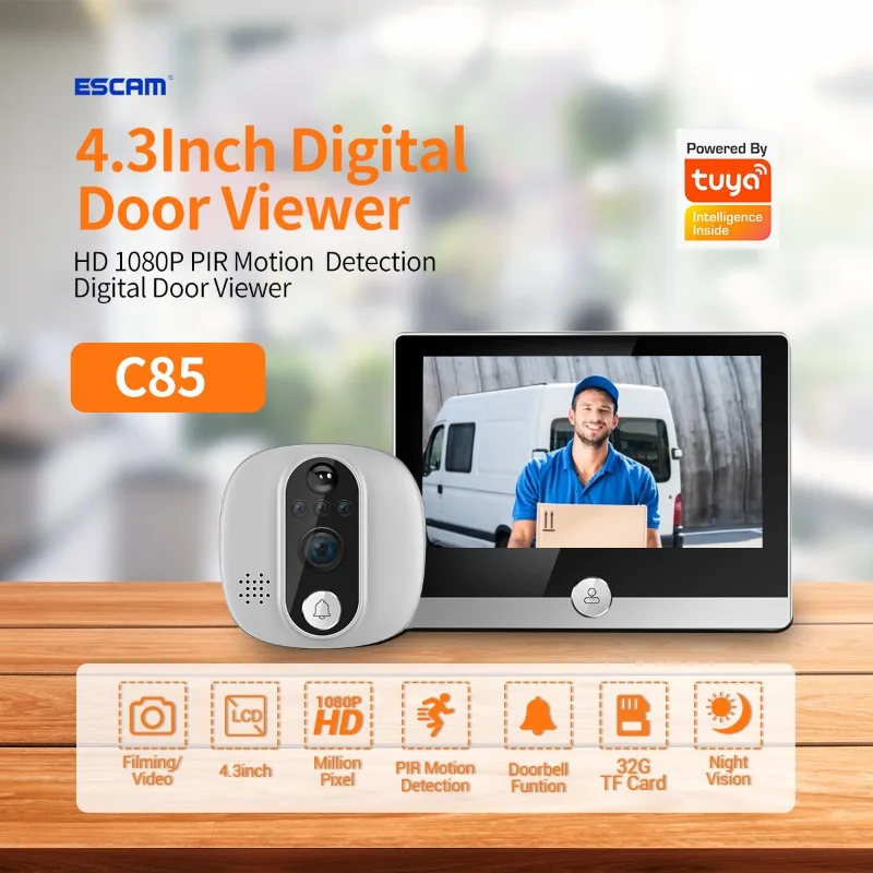 

C85 1080P Smart Cat's Eye Doorbell 4.3-inch Support TUYA Wide Angle PIR with Night Vision Dingdong Photography Sound Recording