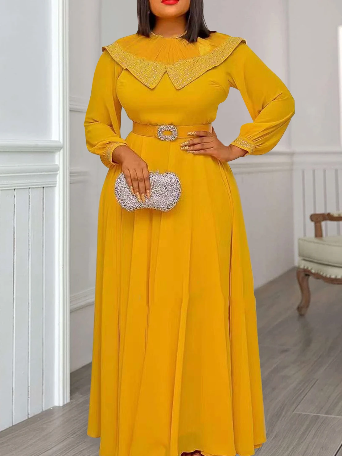 

Women Long Dresses Elegant A Line Pleated Long Sleeves African Gowns Maxi Classy Prom African Large Size Ladies Robes Event New
