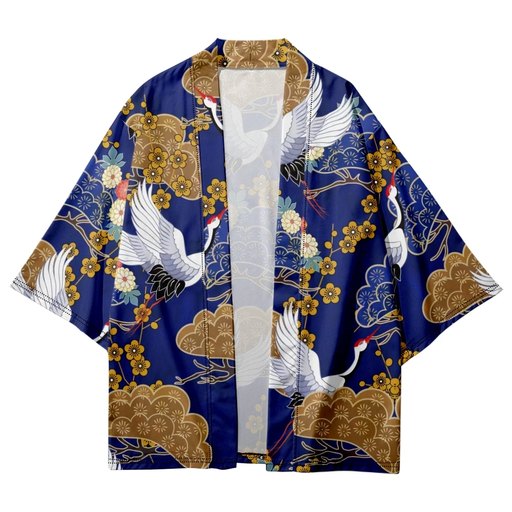 

New Design Cartoon Crane Print Blue Kimono Japanese Traditional Streetwear Cardigan Robe Women Men Haori Top Yukata