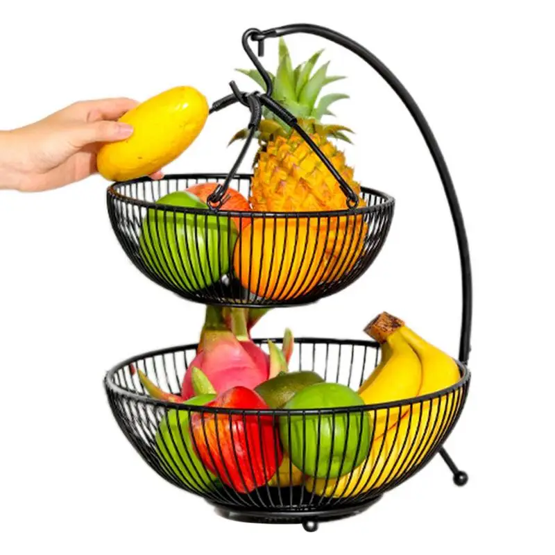 

Double Layer Fruit Basket Fruit Storage Countertop Handheld Metal Vegetable Basket Detachable With Banana Hanger Large Capacity