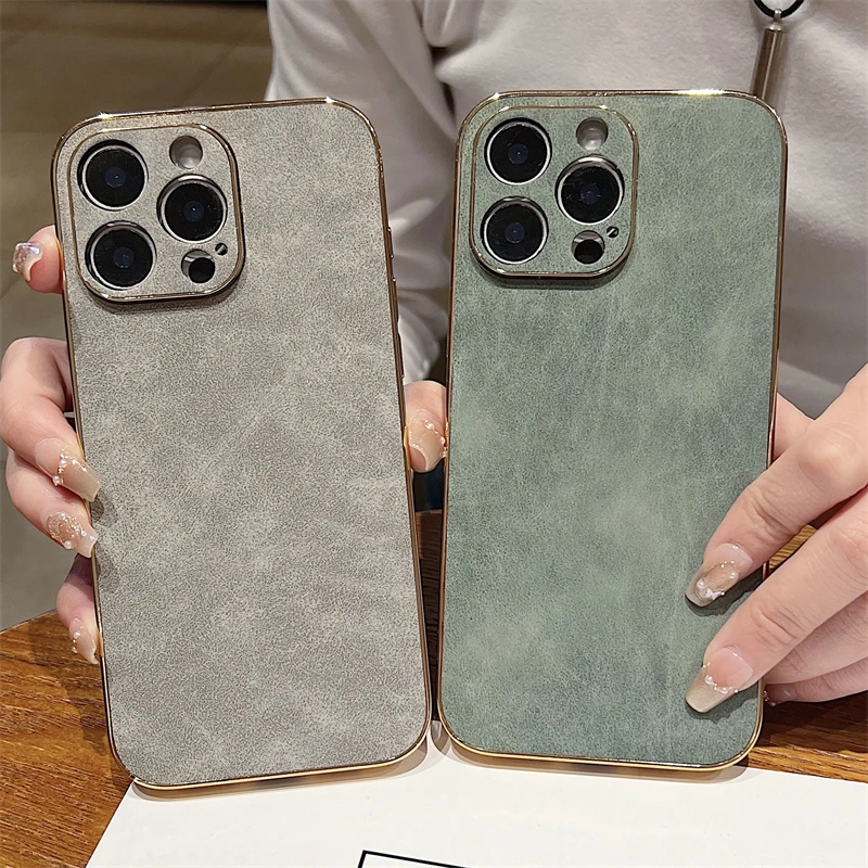 Luxury Sheepskin Leather Texture Phone Case with Electroplated Frame - Shockproof Design