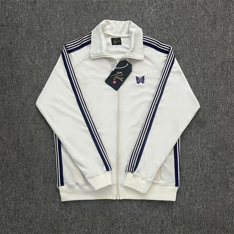 

White Embroidered Butterfly Stripe Needles Jacket Men Women 1:1 Casual Fashion Quality AWGE Jacket Coats Zip Top