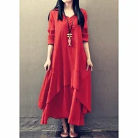 Printemps automne nouvelles femmes robes élégantes bohême superposition Vintage Robe à manches longues Robe longue ample femme coton chanvre jupe 5