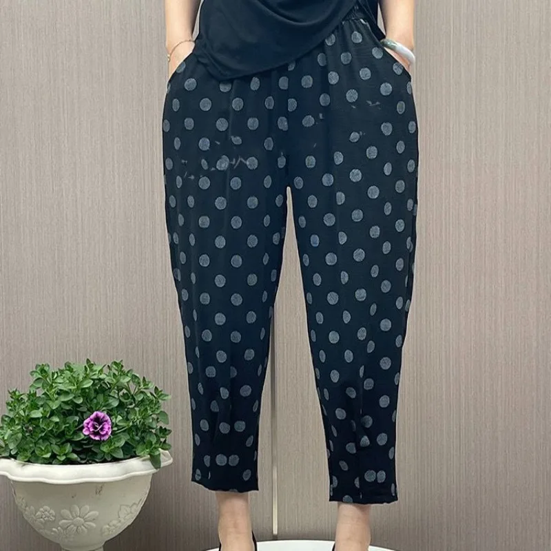 Summer Women's 2024 Spliced Loose High Waist Elastic Pocket Polka Dot Folds Fashion Slimming Tian Si Ma Casual Harlan Pants