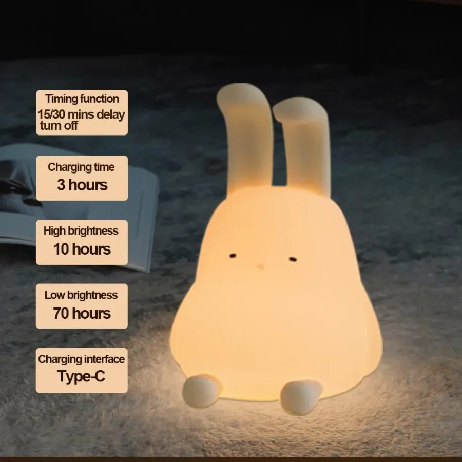 Cute Bunny Lamp Kawaii LED Desk Decor Nightlight with Phone Stand Feature Super Squishy Silicone Portable Light with Timer Idea