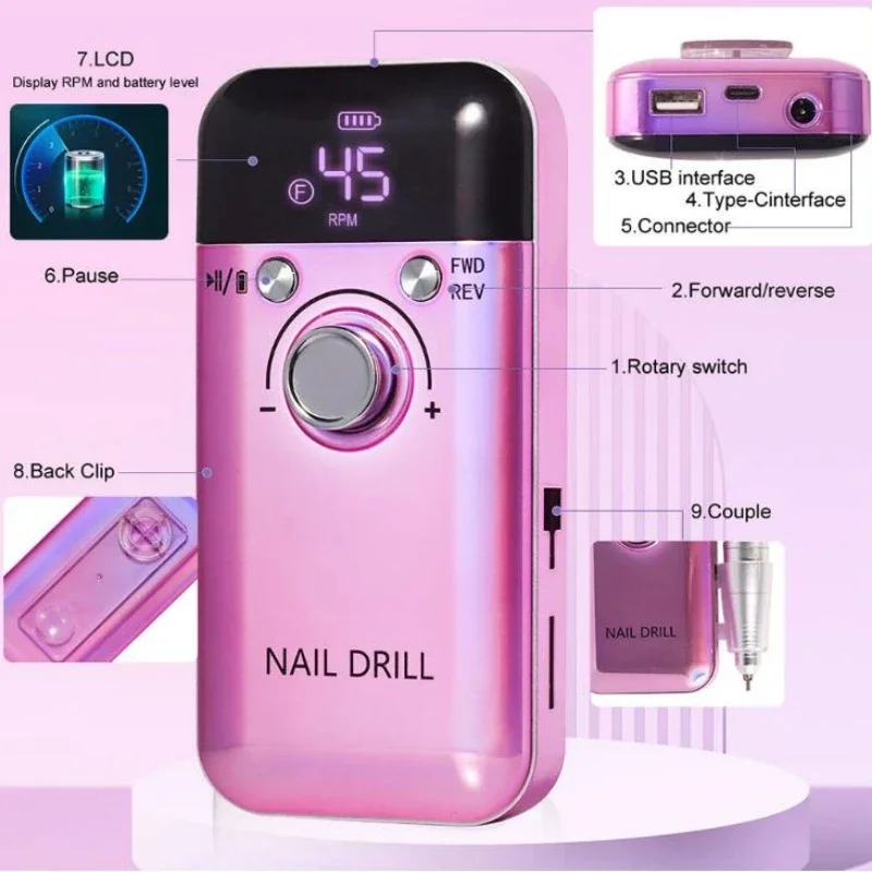 45000RPM Electric Nail Drill Machine for Gel Nails Polish Rechargeable Portable File Manicure Tool