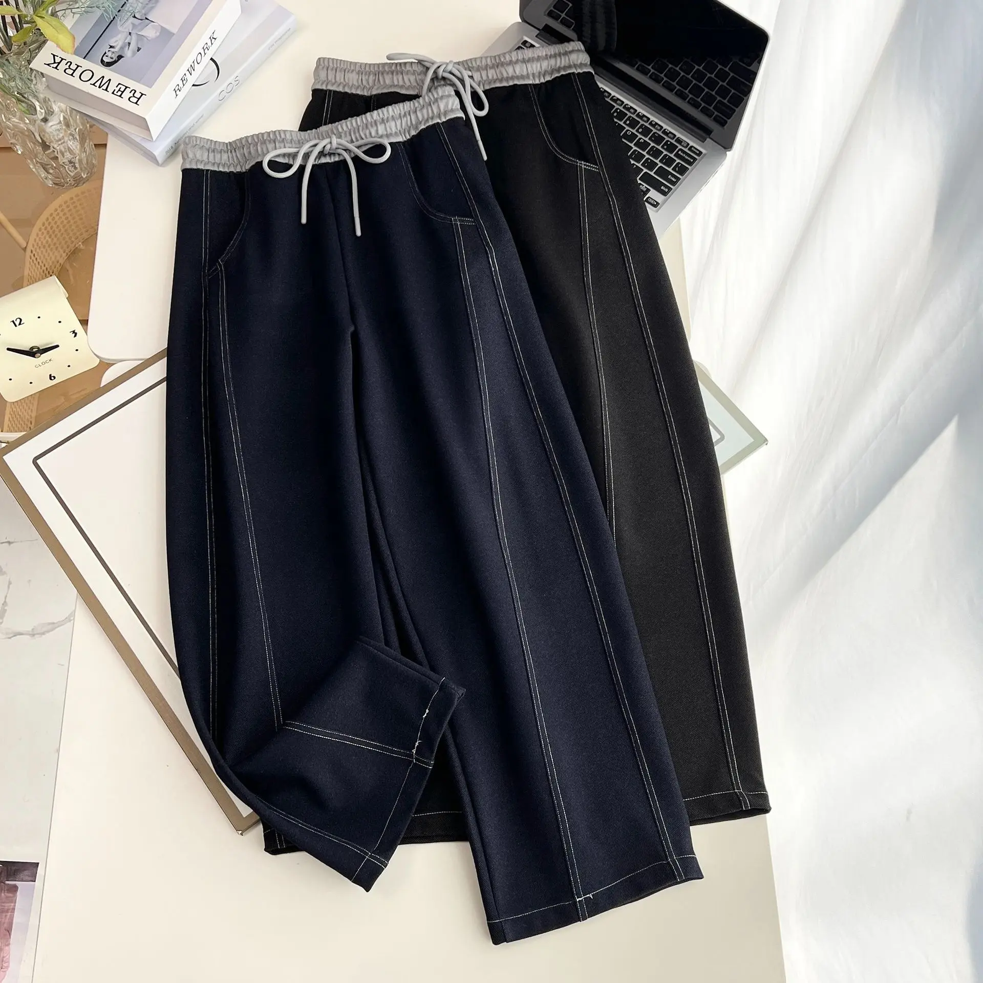 Fashion Plus Size Women's Jeans Autumn New Style Drawstring Elastic Waist Casual Bright Line Harem Pants 8213