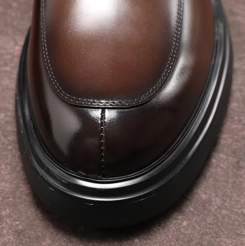 【Leichte Sohle】 Kurze britische Echtleder-Stiefel mit mattierter High-Top-Freizeitschuhe mit dicker Sohle, Chelsea-Stiefel für Herren für die Körpergröße – Detail 15