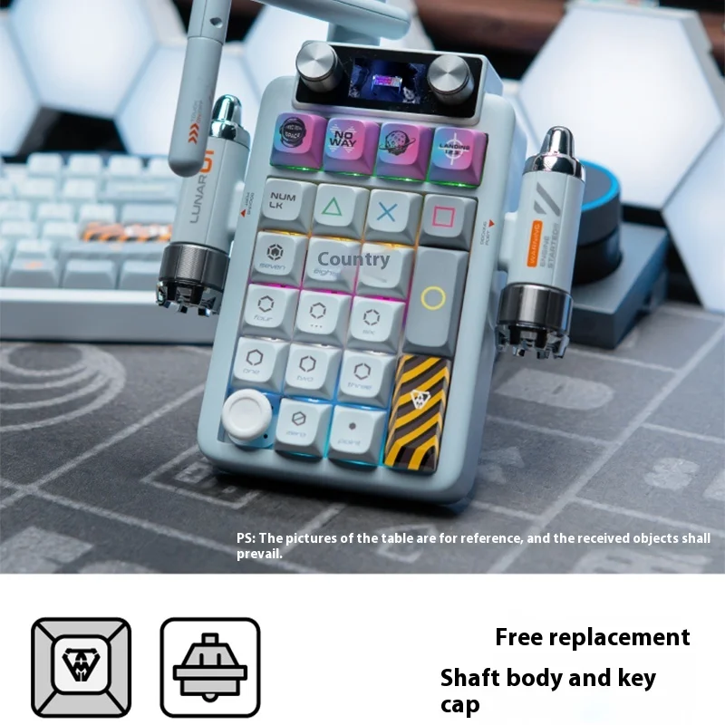 Keysme Lunar02 미니 기계식 키보드, 무선 블루투스, 3 가지 모드, 컬러 스크린, 프로그래밍 가능한 손잡이, 노트북 키보드 액세서리