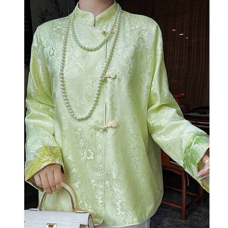 

Spring Light Yellowish Green Silk Flower New Chinese Style Stand Collar Women Shirt Loose Fashion Youth Lady Top M-XL