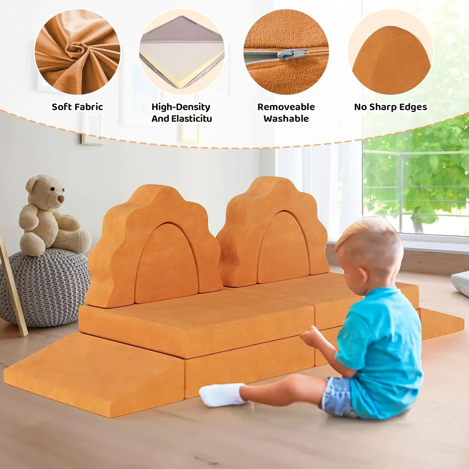 10pcs Modular Kids Play Couch, Child Sectional Sofa, Nugget Couch Large Size, Toddlers Floor Sofa W/Suede Cover, Convertible 4