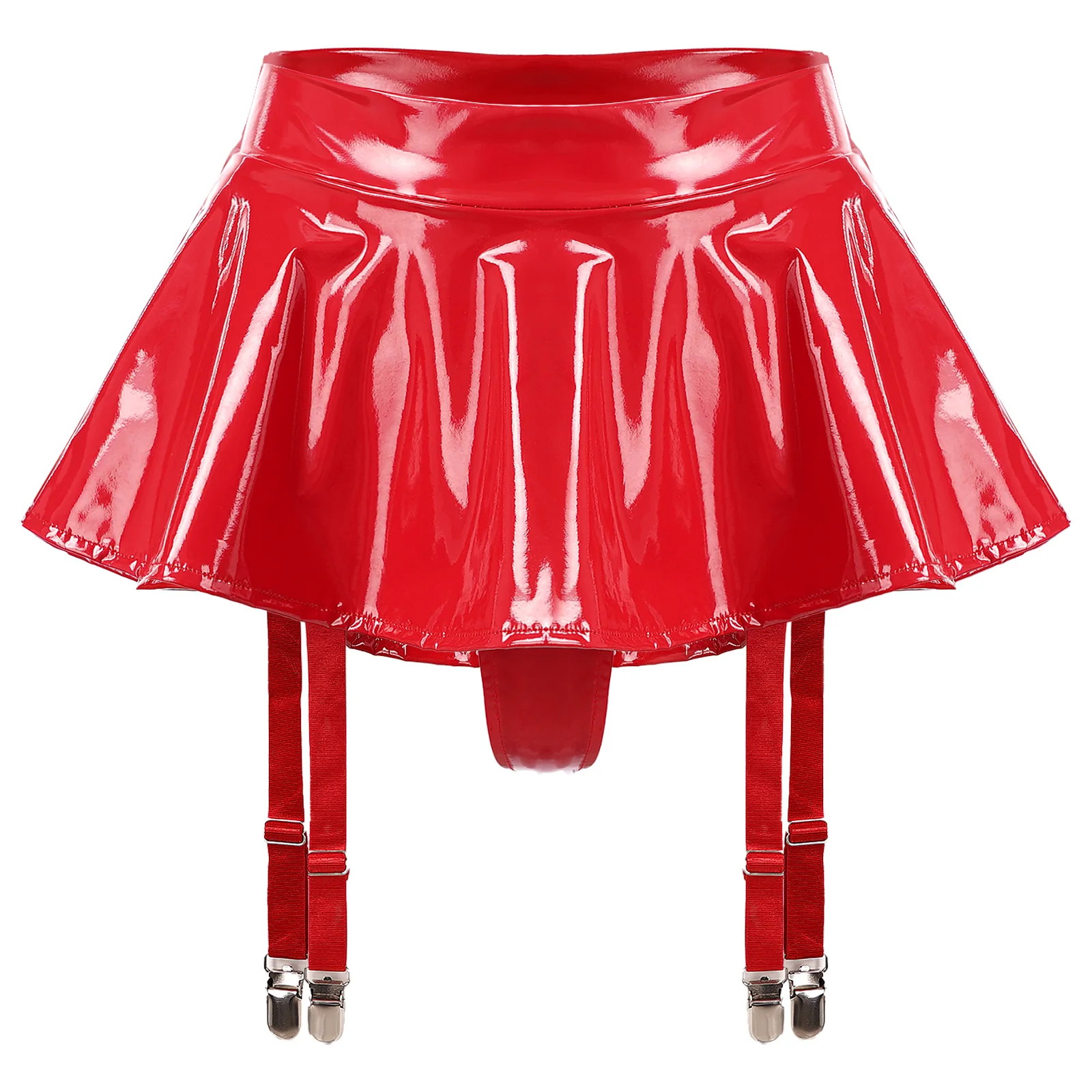 

Womens Sexy Mini Skirts Wet Look Patent Leather Ruffle Skirt Solid Color Built-in Thongs Garter Belts Metal Clips Skirt