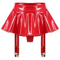 Sexy Womens Glossy Patent Leather Ruffle Mini Skirt Built-in Thongs Garter Belts Metal Clips Shorts Miniskirt Wet Look Clubwear 1