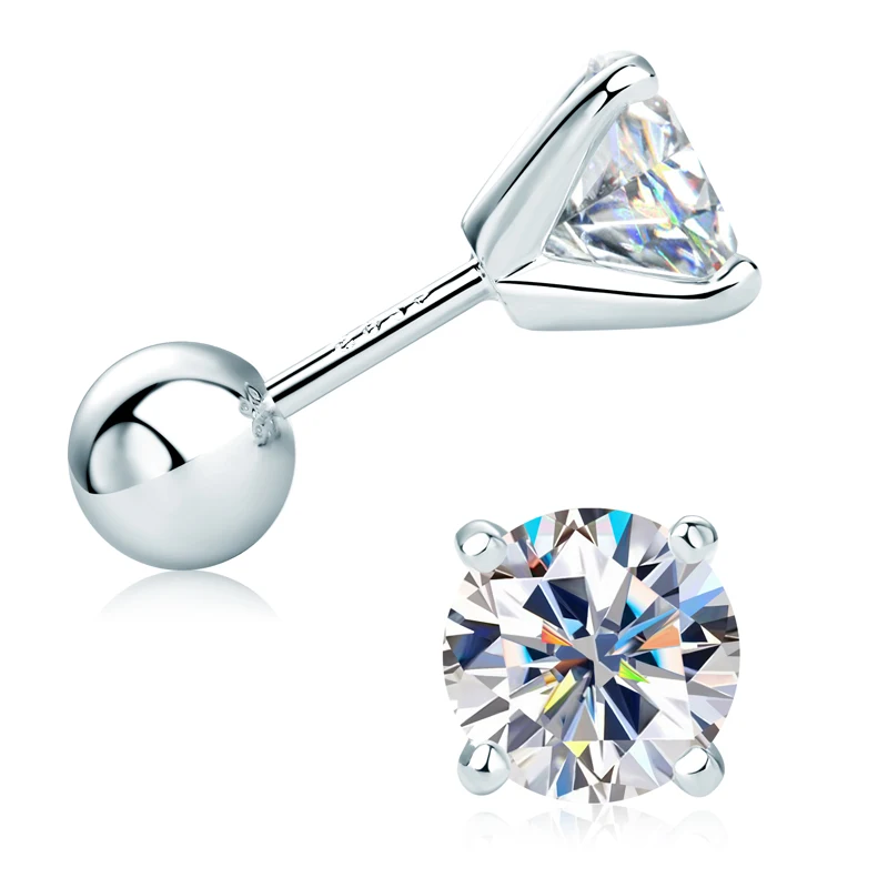 Moissanite stud earrings in 925 sterling silver with screw-back design for men and women